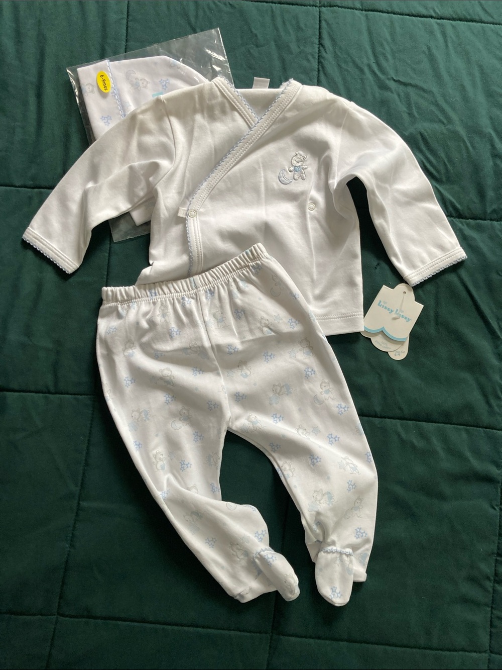 Kissy Kissy White and Light Blue Baby Match Set Wrap Top, Hat and Pants 6-9 mon
